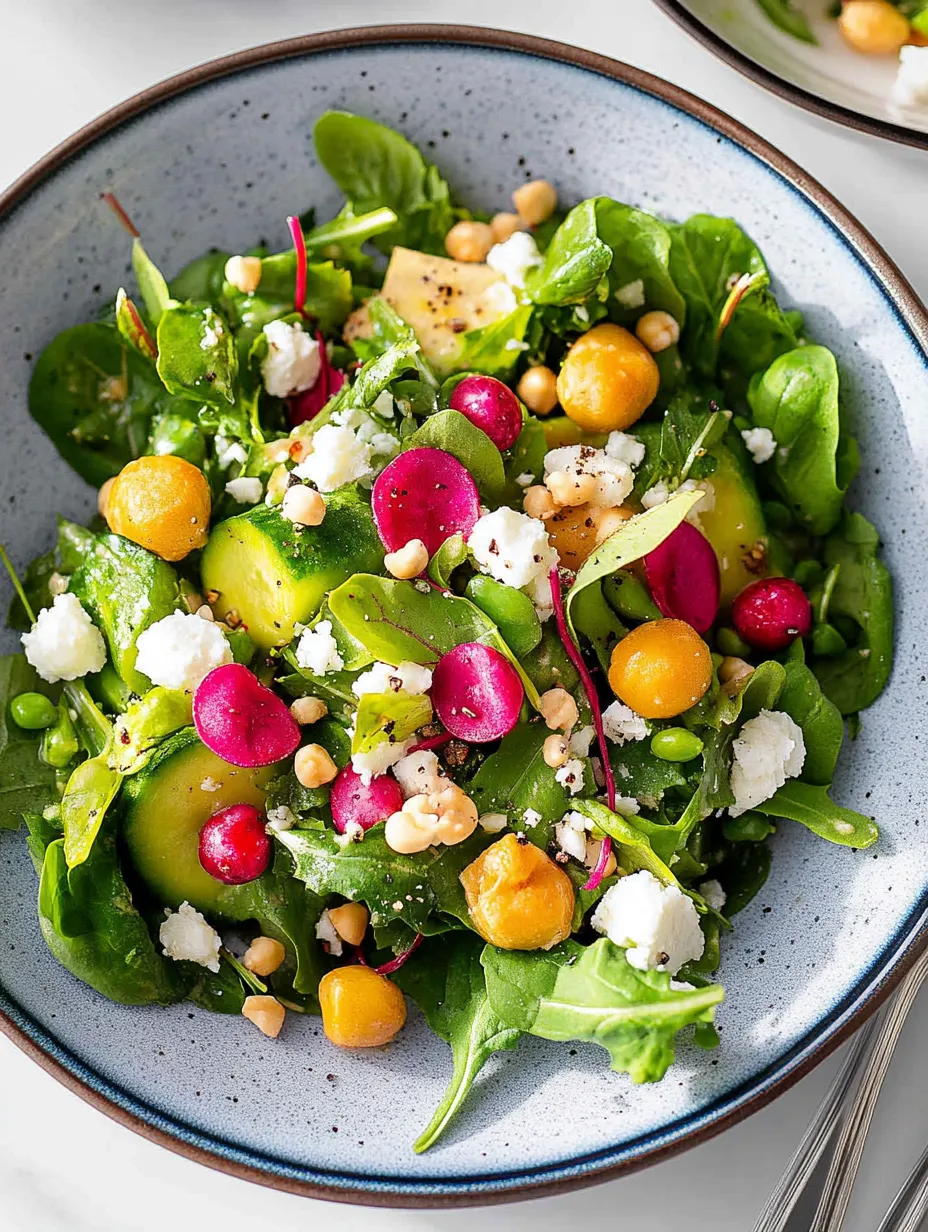 A bowl of salad with feta cheese and nuts.