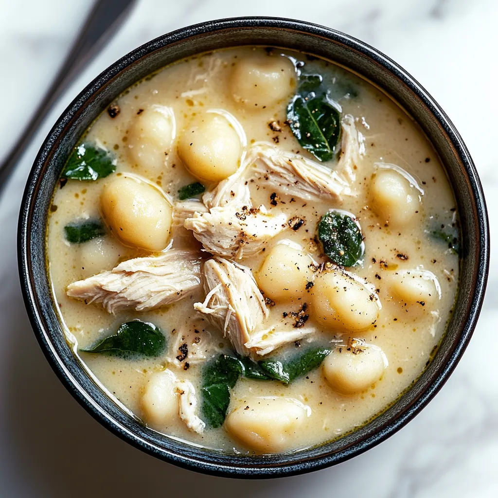 A bowl of soup with chicken and beans.
