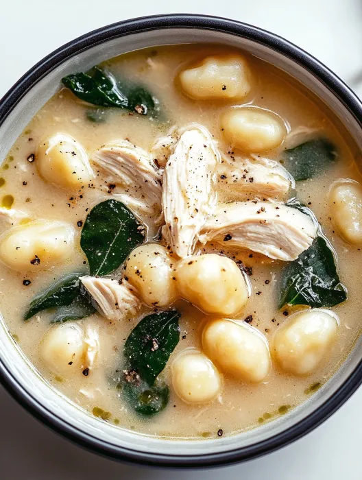 A bowl of soup with chicken and beans.