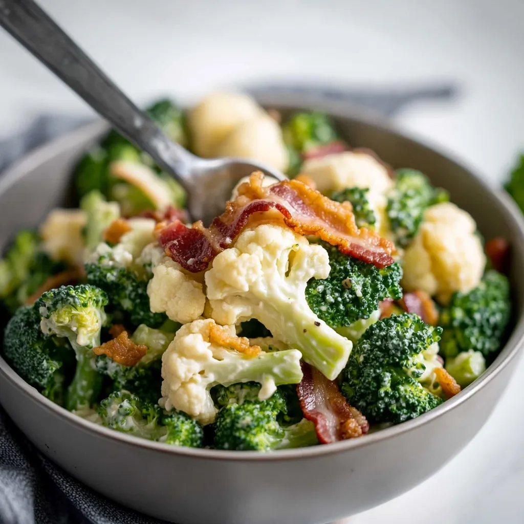 A bowl of broccoli and bacon.