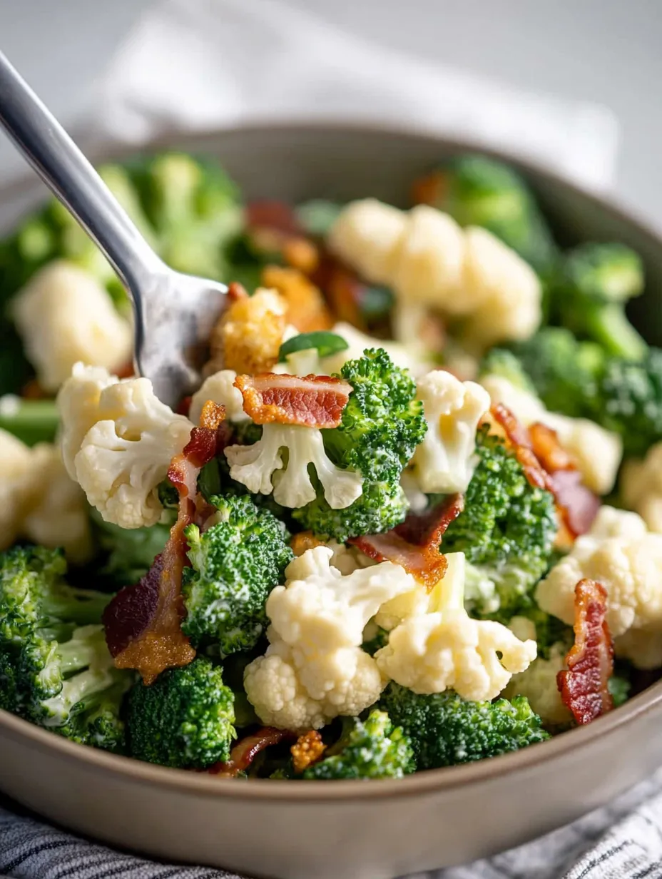 A bowl of broccoli with bacon.