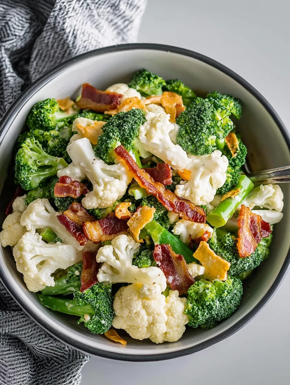 A bowl of broccoli and bacon.