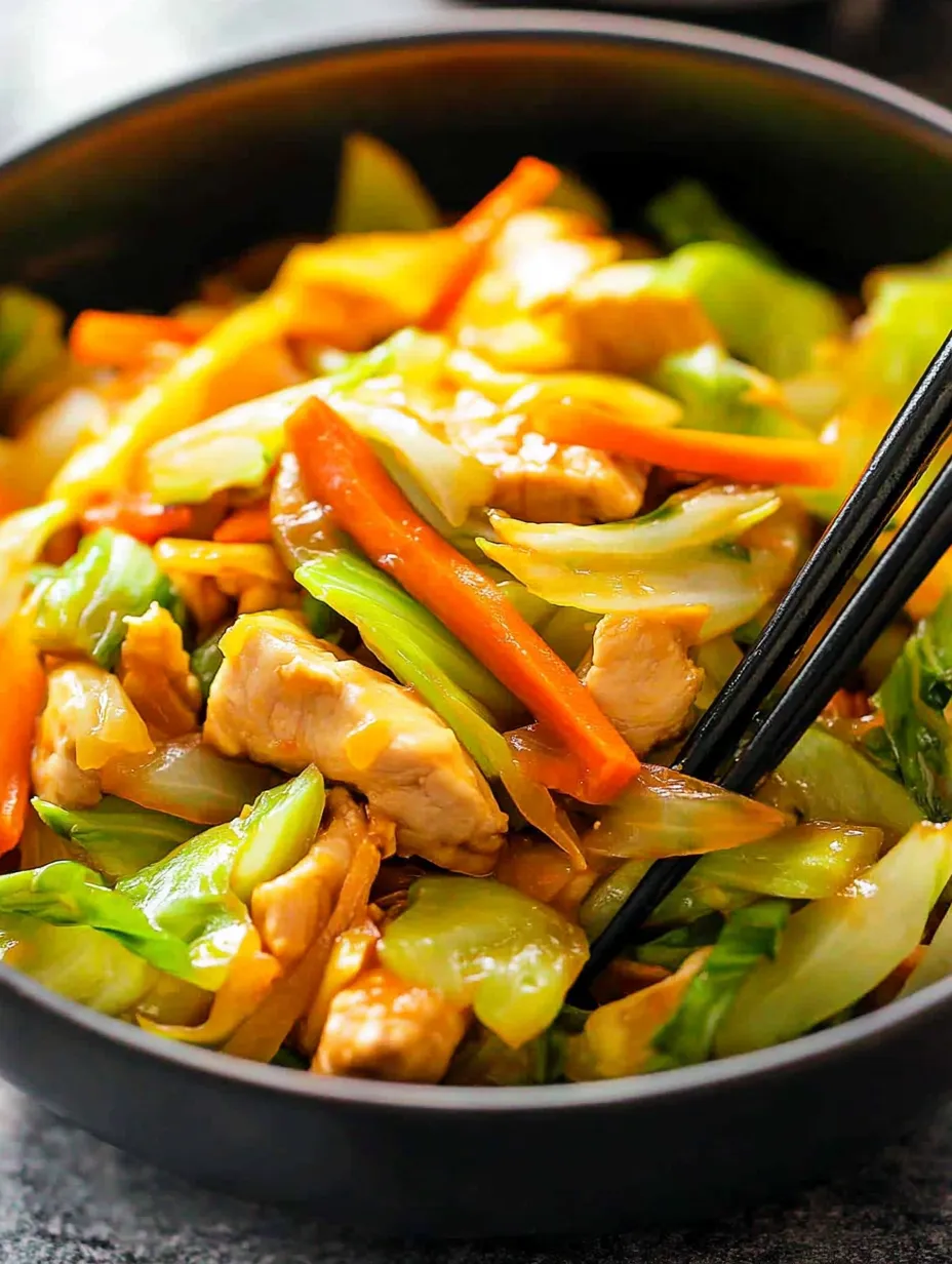 A bowl of chicken and vegetables.