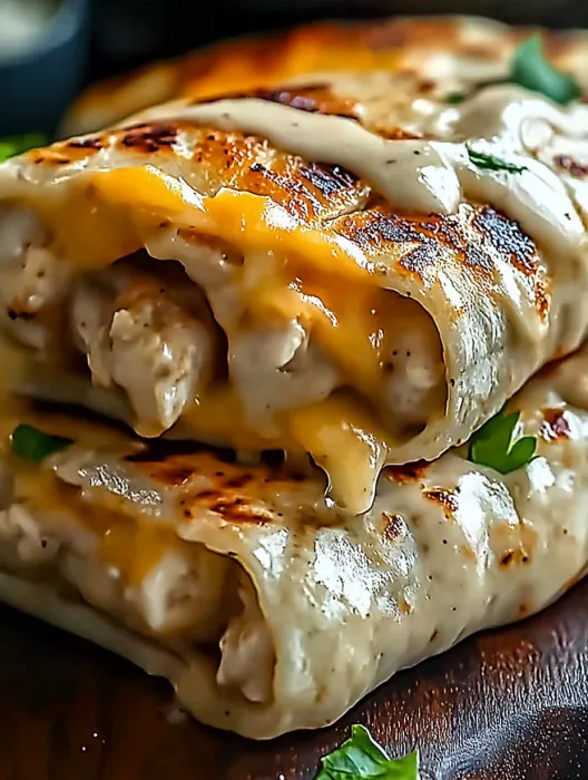 A burrito with cheese and sauce.