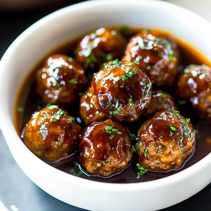 A bowl of meatballs in a brown sauce.