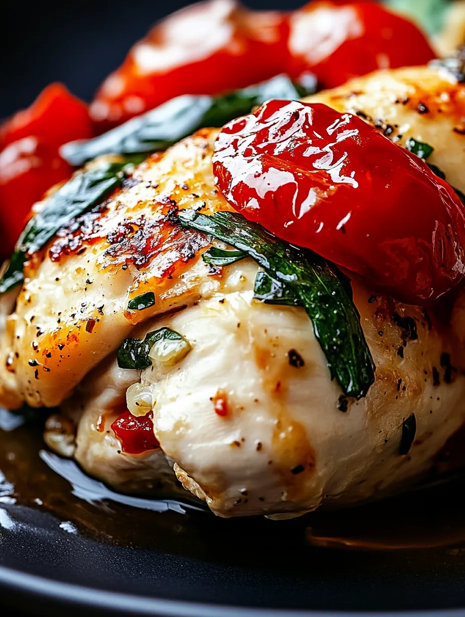 A piece of chicken with tomatoes and greens on top.