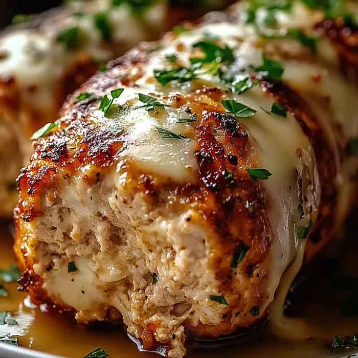 A piece of meat with cheese on it.