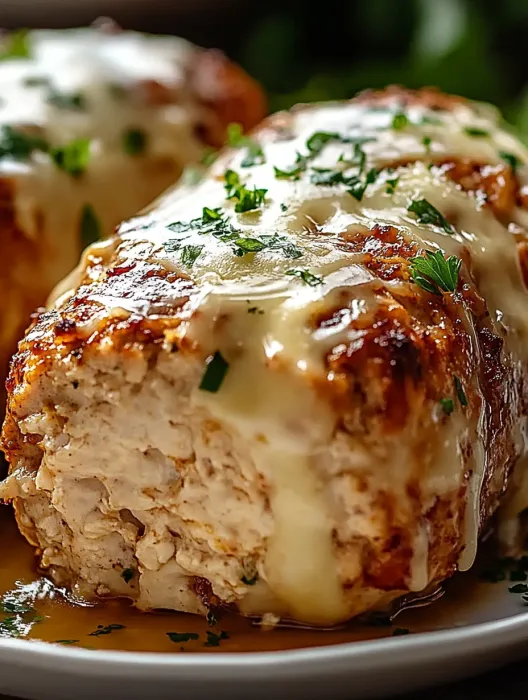 A piece of meat covered in cheese.