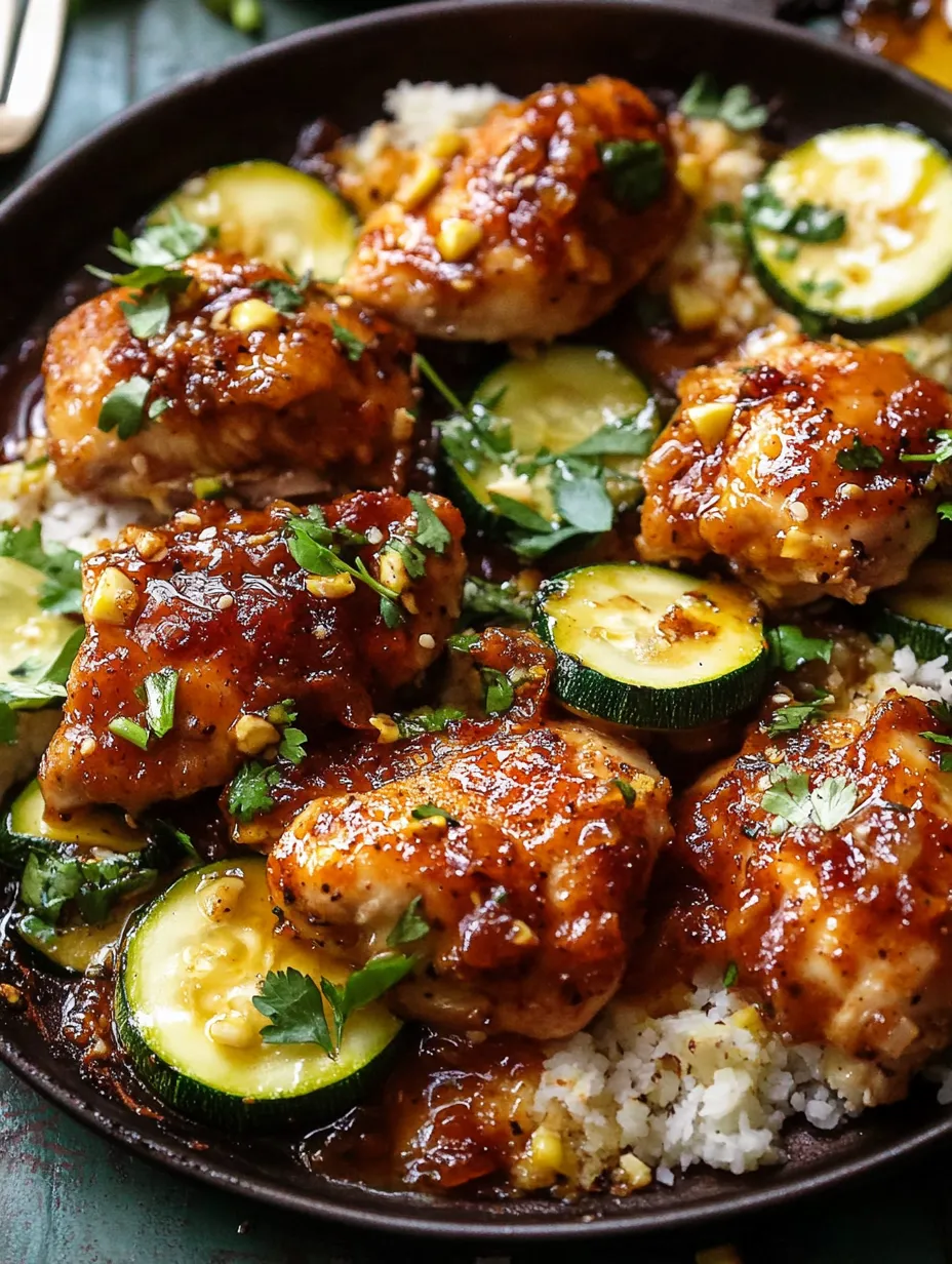 A plate of chicken with zucchini and rice.