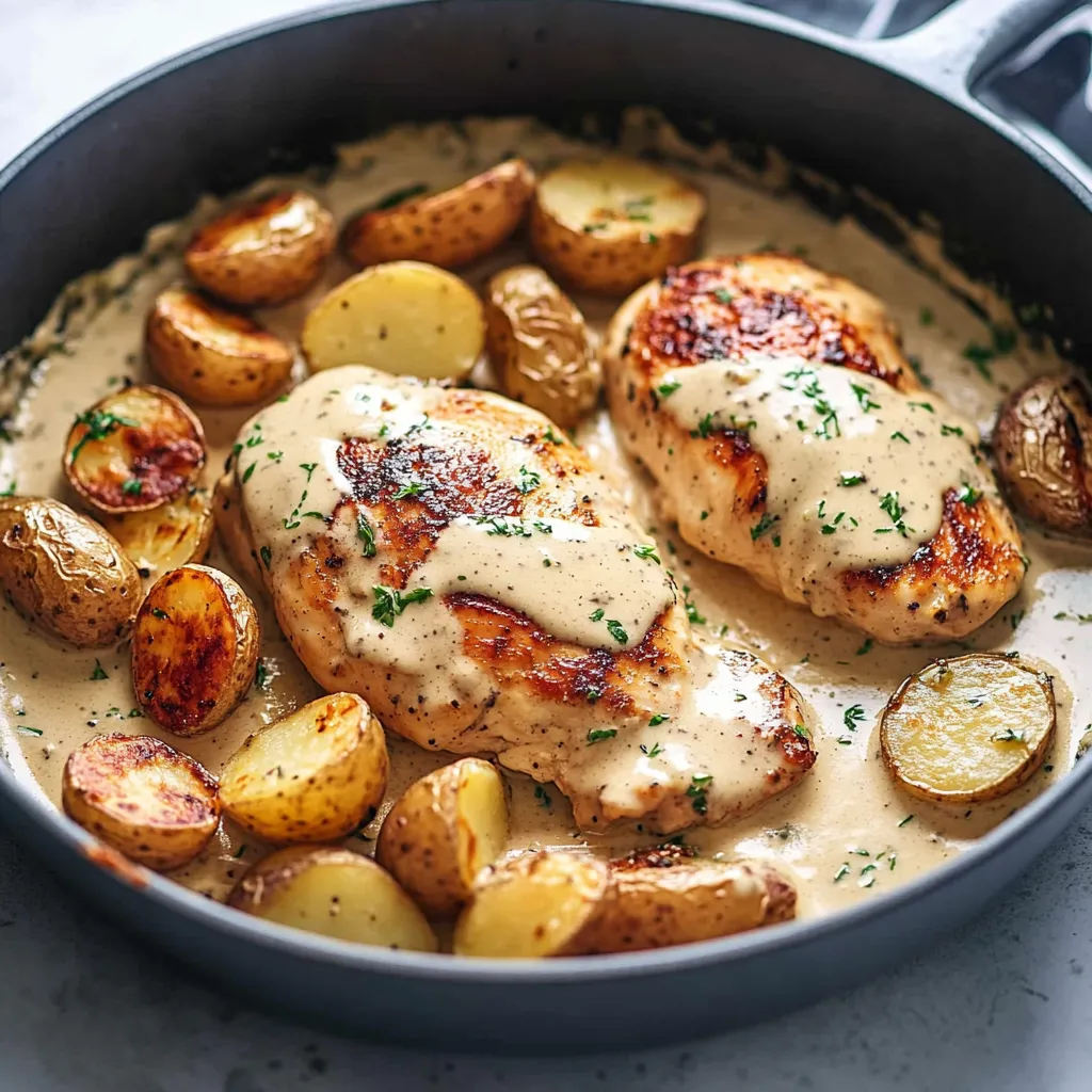 A pan of food with chicken and potatoes.