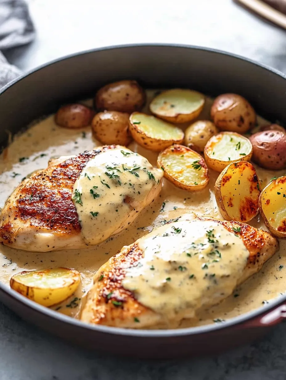 A plate of food with chicken and potatoes.