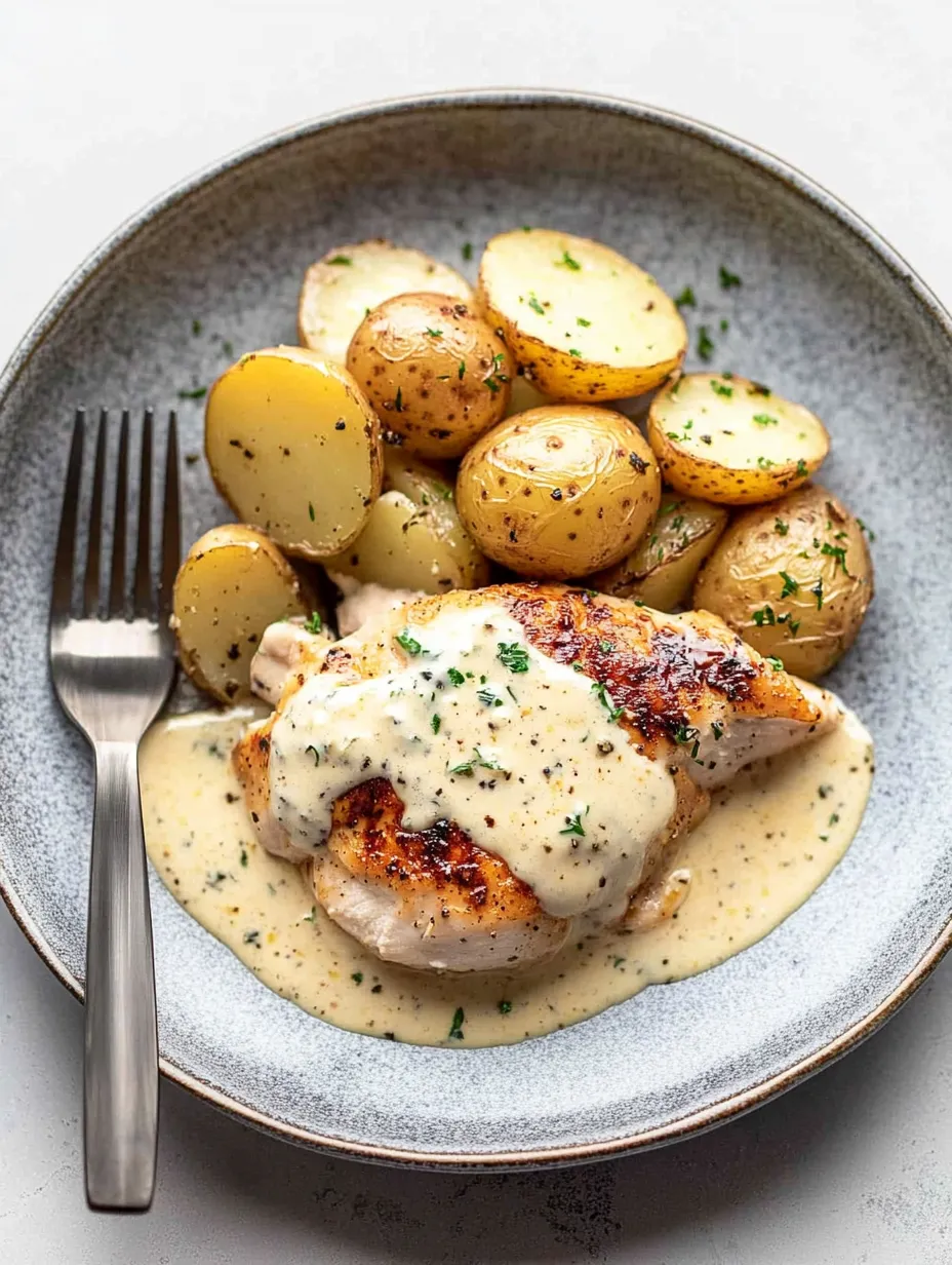 A plate of food with chicken and potatoes.