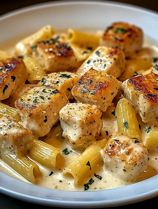 A bowl of pasta with chicken and cheese.