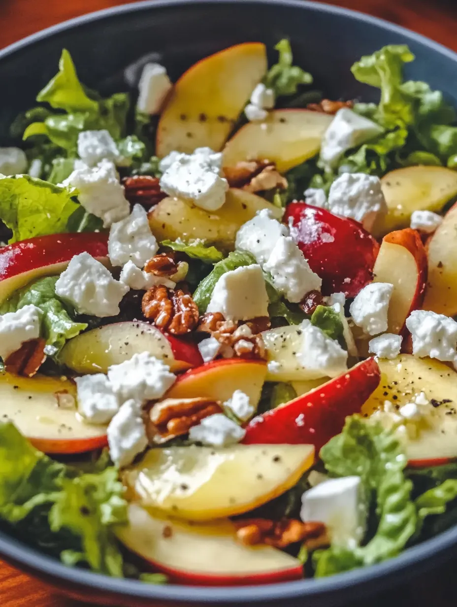 A salad with feta cheese, walnuts, and apples.