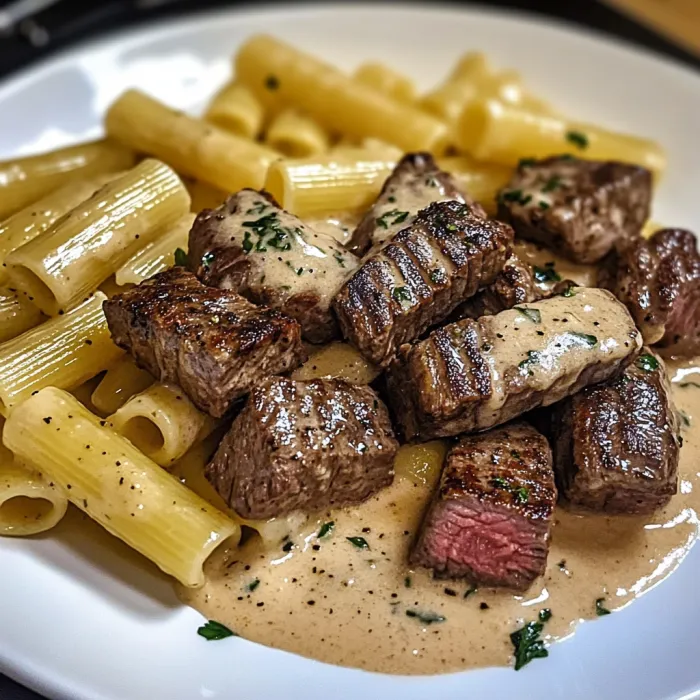 A plate of pasta and meat.