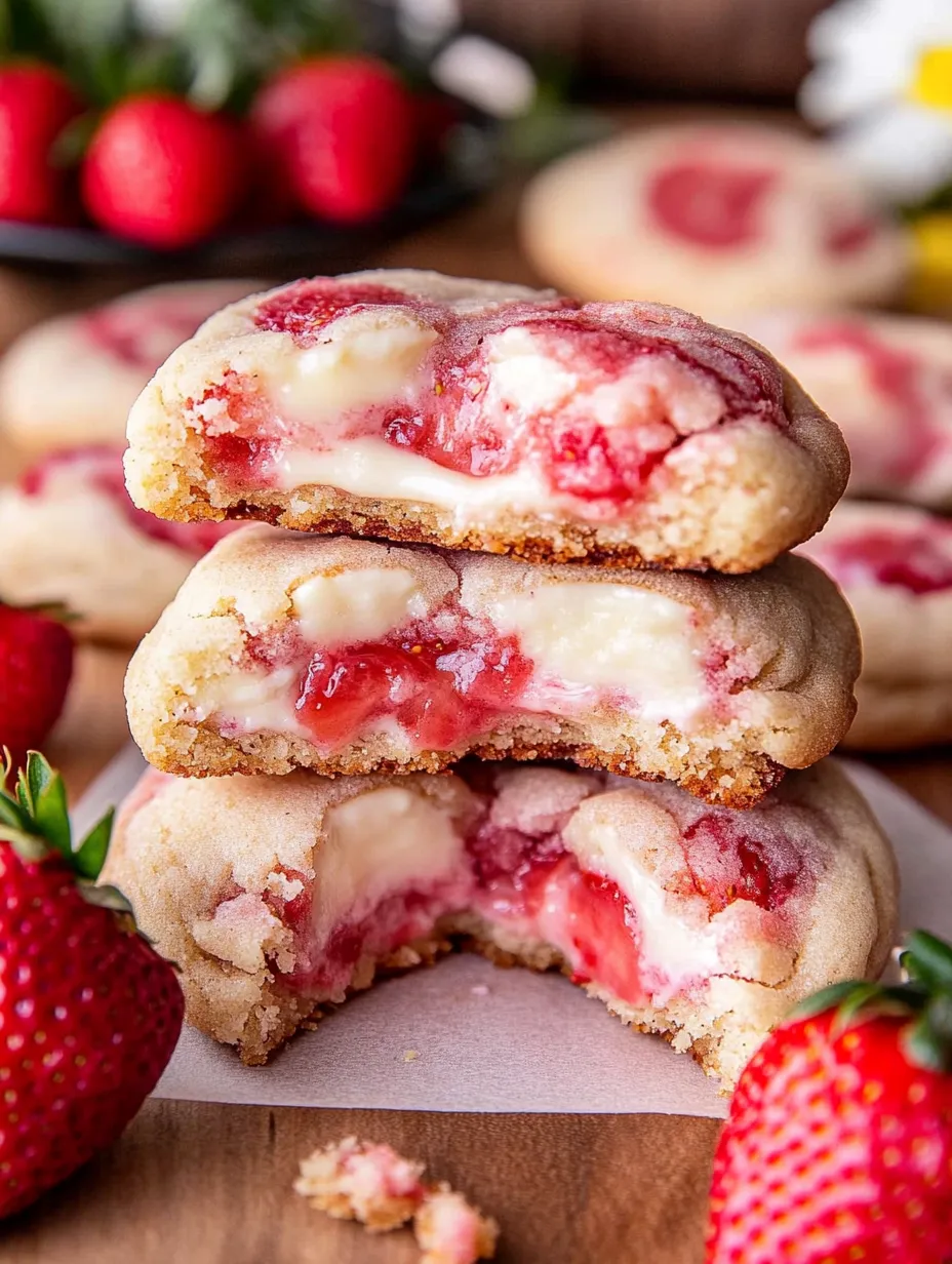 A stack of cookies with strawberries on top.