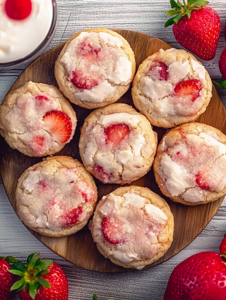 A plate of cookies with strawberries on top.