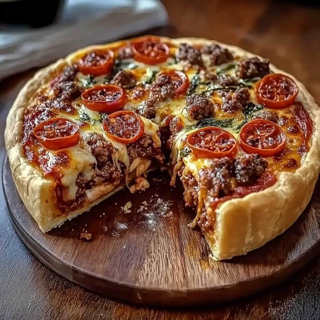 A slice of pizza with tomatoes and sausage.