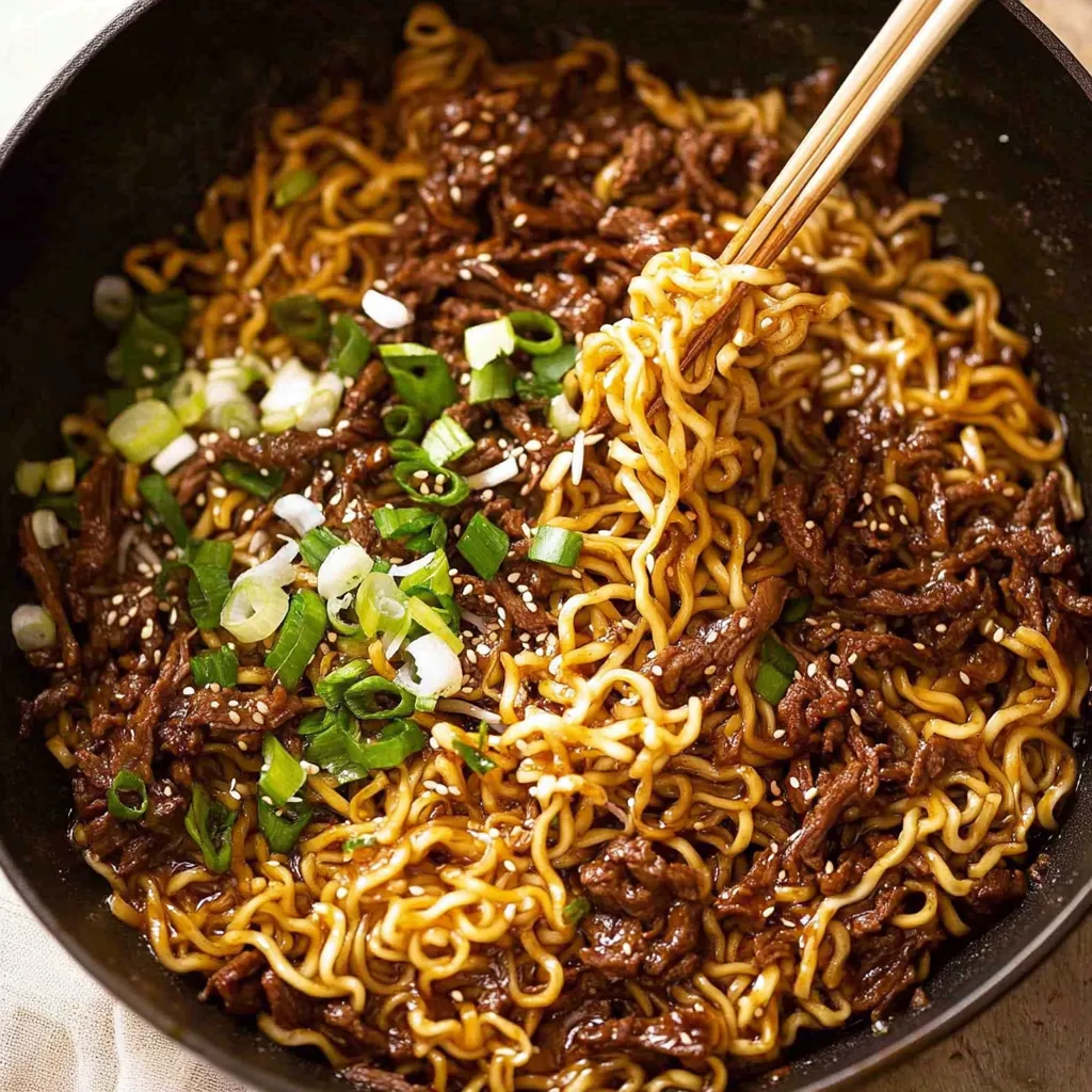 A bowl of noodles with meat and vegetables.