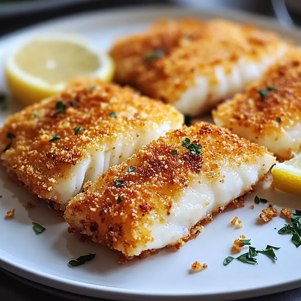 A plate of fish with lemon wedges on the side.