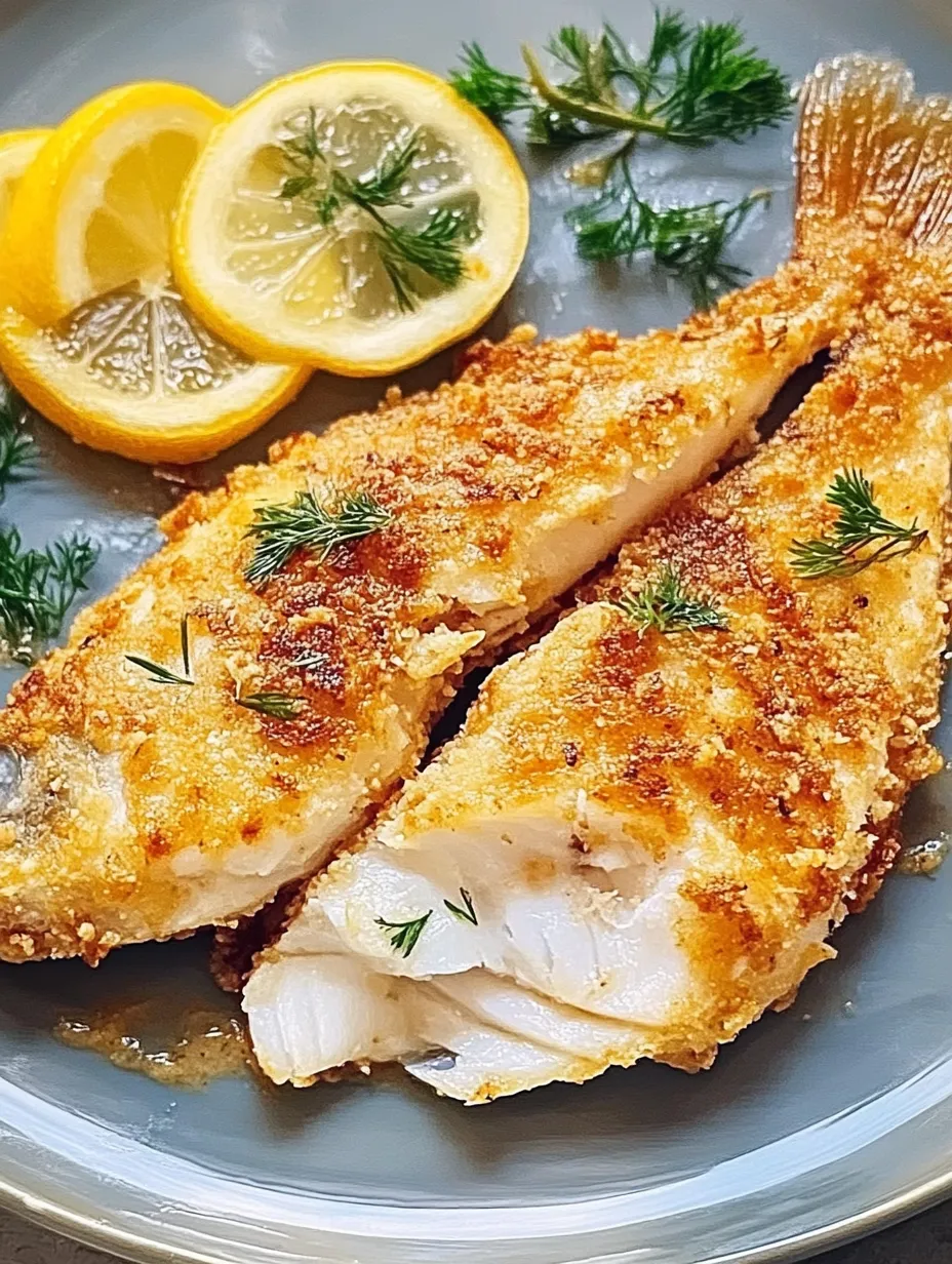A plate of fish with lemon slices on top.