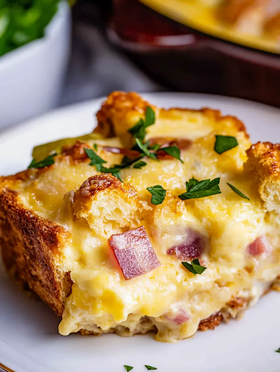 A slice of cheesy quiche on a white plate.