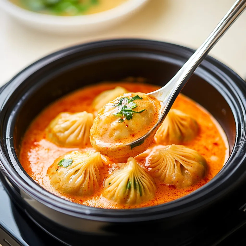 A spoon is in a bowl of soup.