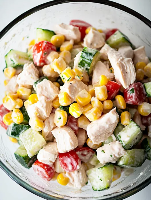 A bowl of chicken salad with corn and cucumbers.