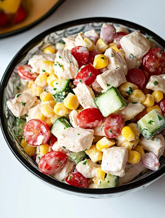 A bowl of chicken salad with tomatoes, corn, and cucumbers.