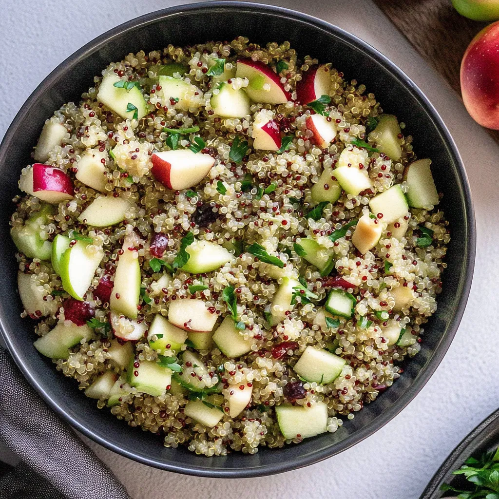 A bowl of food with apples, cucumbers, and rice.