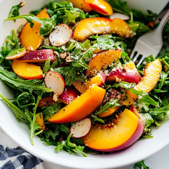A bowl of salad with peaches, spinach, and nuts.