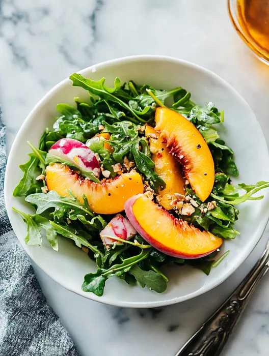 A bowl of salad with peaches and greens.