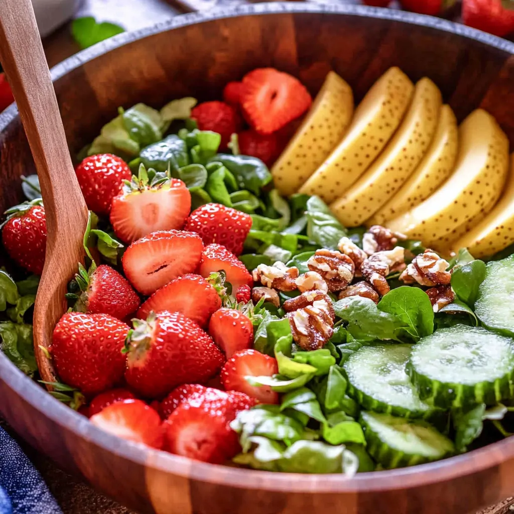 A wooden bowl filled with a variety of fruits and vegetables.