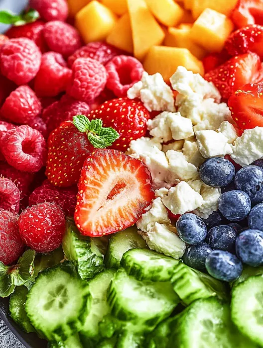 A bowl of fruit with strawberries, blueberries, raspberries, and cucumbers.