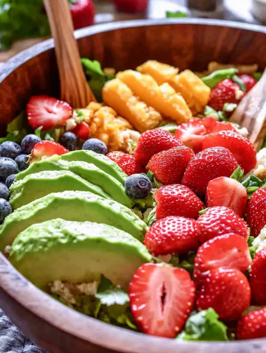 A bowl of fruit with strawberries, blueberries, and avocado.