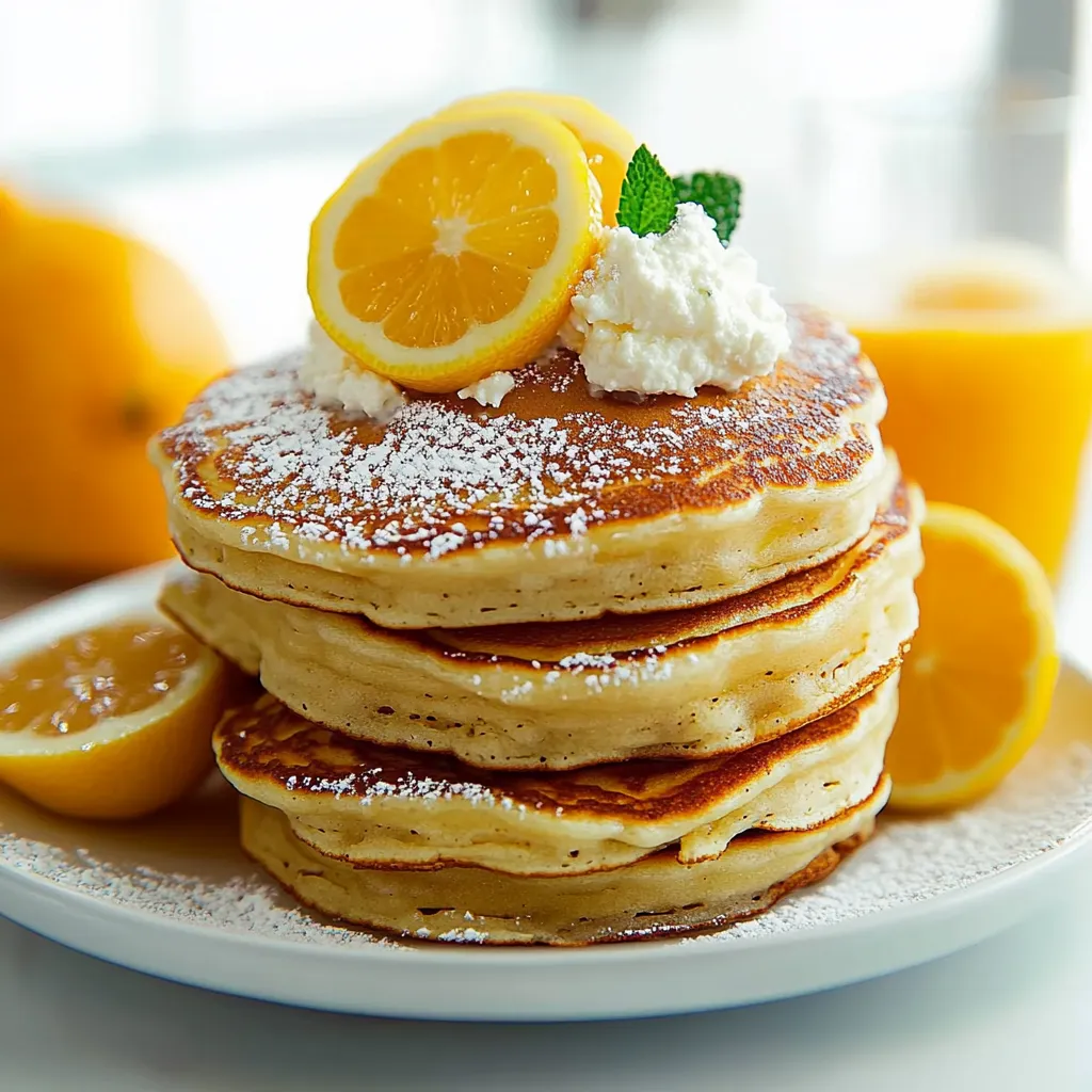 A stack of pancakes with lemon wedges on top.