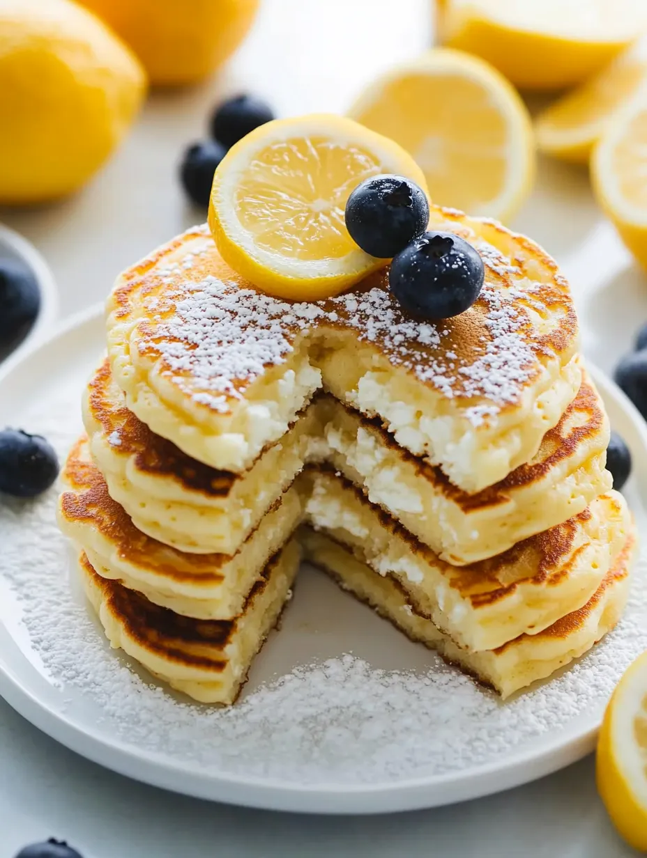 A stack of pancakes with lemon and blueberry toppings.