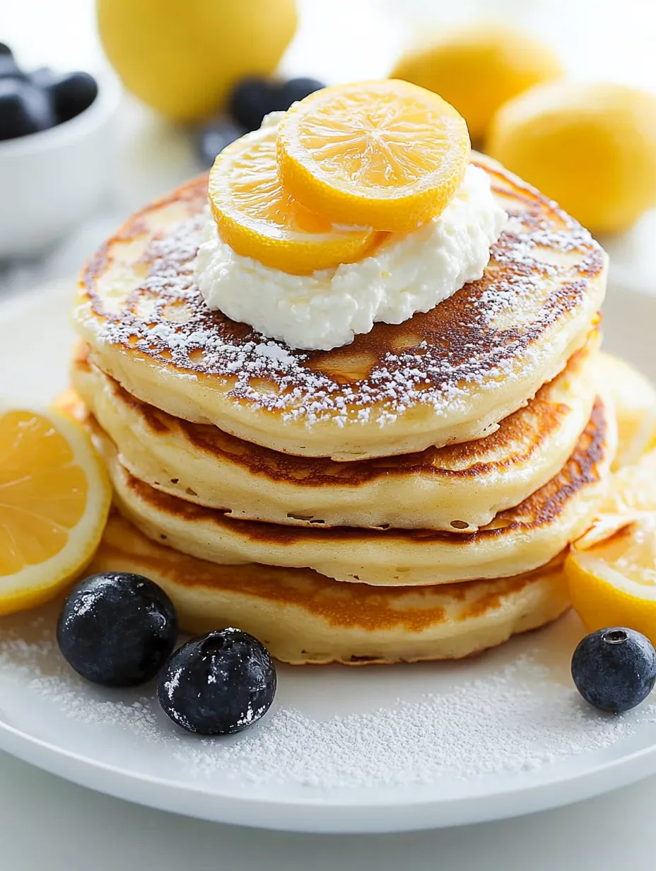A stack of pancakes with lemon wedges and blueberries on top.