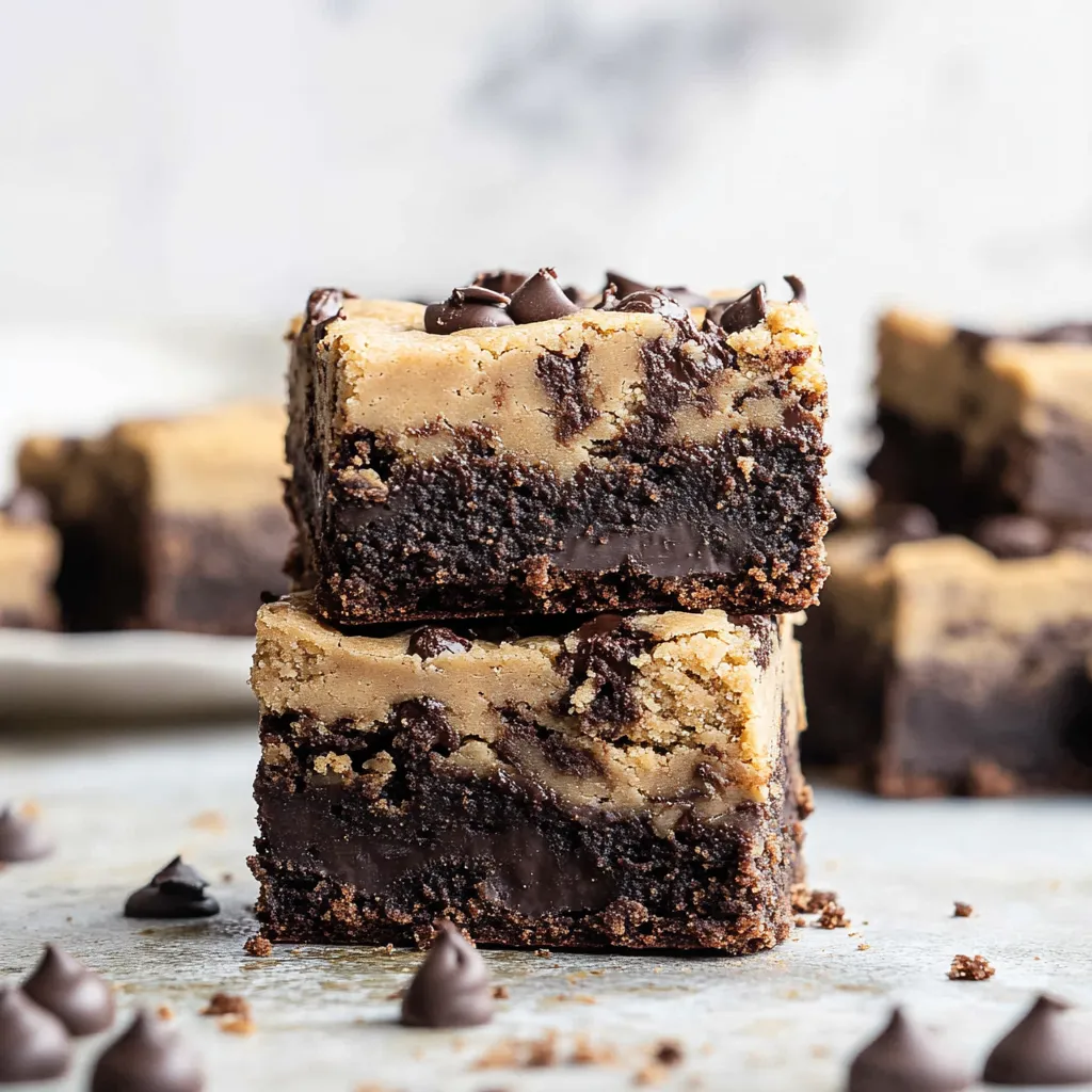 A close up of a chocolate and peanut butter square.