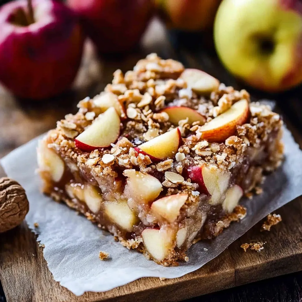 A square of apple crumble on a white paper.