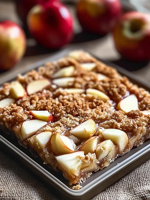 A square of apple crumble with a brown sauce.