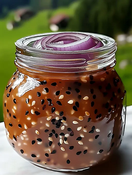 A jar of onions with black seeds in it.