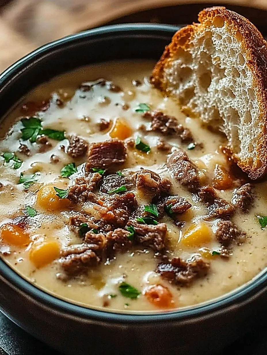 A bowl of soup with a slice of bread on top.