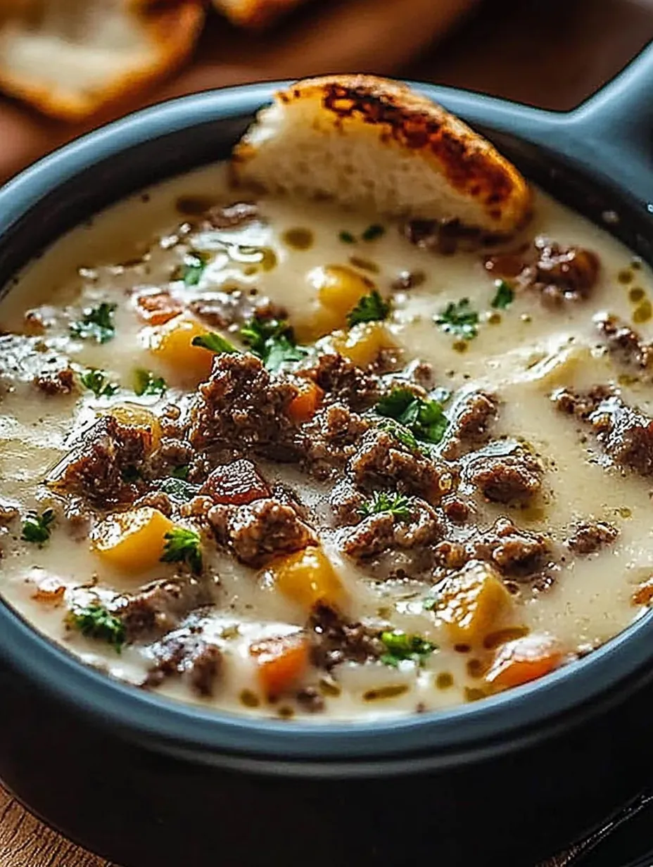 A bowl of soup with a piece of bread in it.