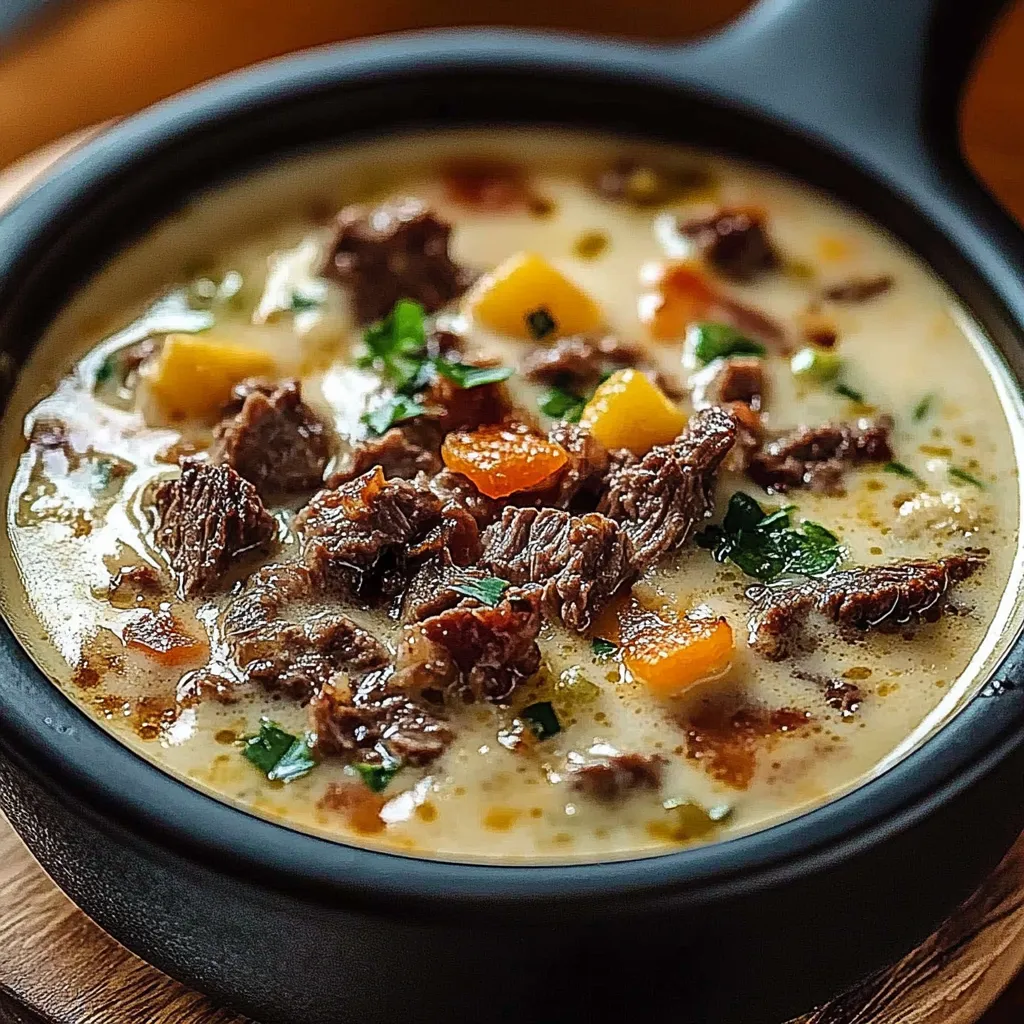 A bowl of soup with meat and vegetables.