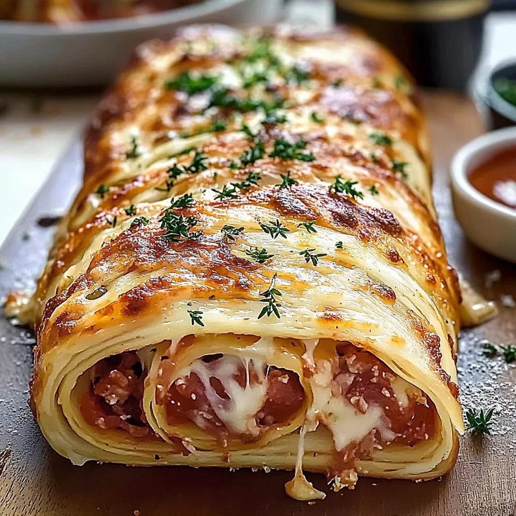 A long, cheesy, meat-filled pastry is on a wooden table.