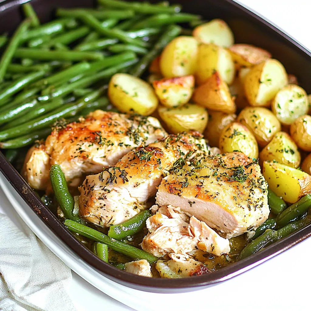 A plate of food with chicken, potatoes, and green beans.