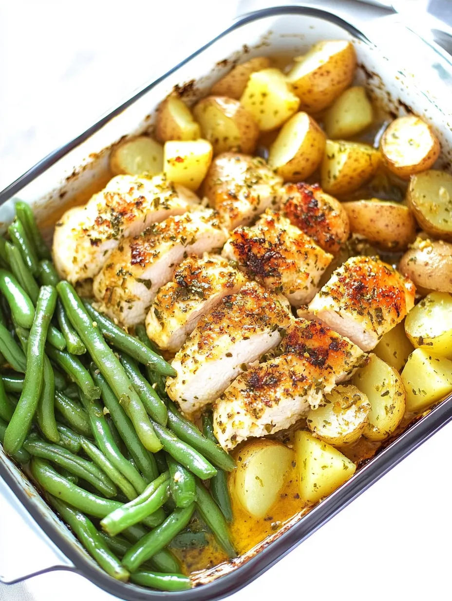 A pan of food with chicken, potatoes, and green beans.