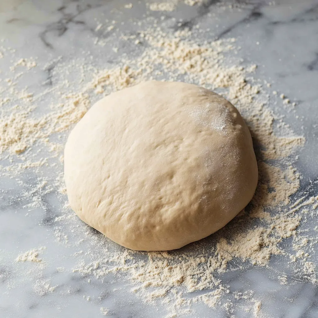 A dough ball on a marble counter.