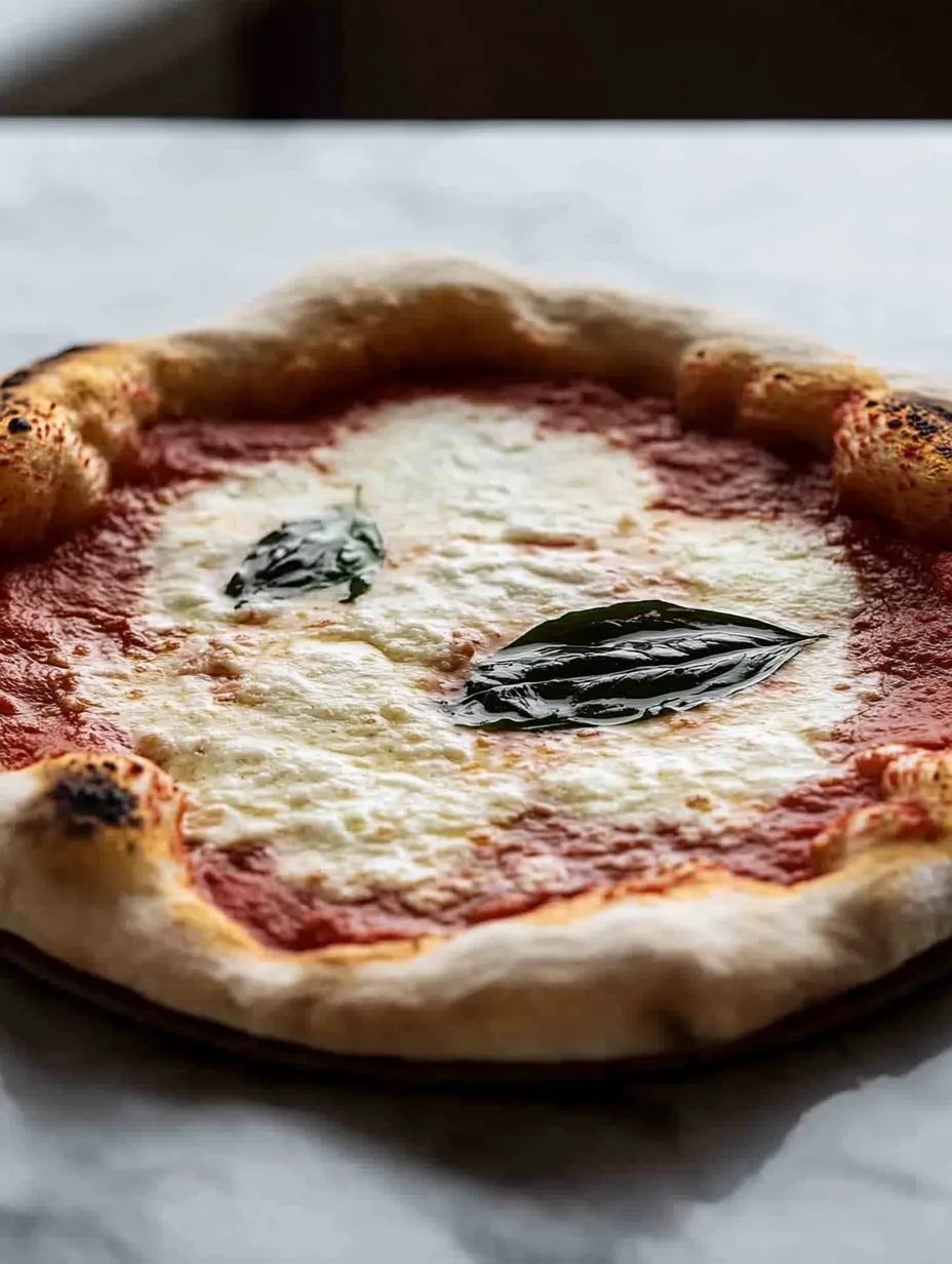 A pizza with a green leaf on top.